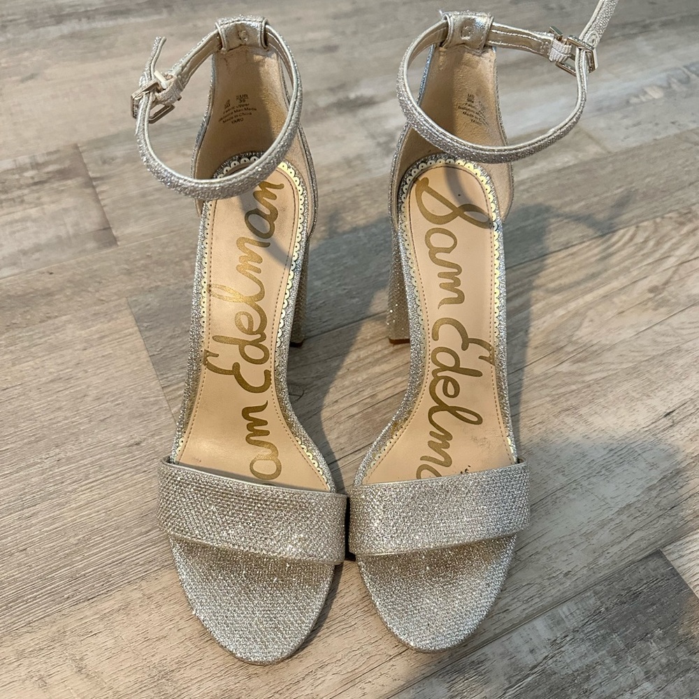 Sam Edelman | Silver Sparkle Ankle Strap Sandal Heel